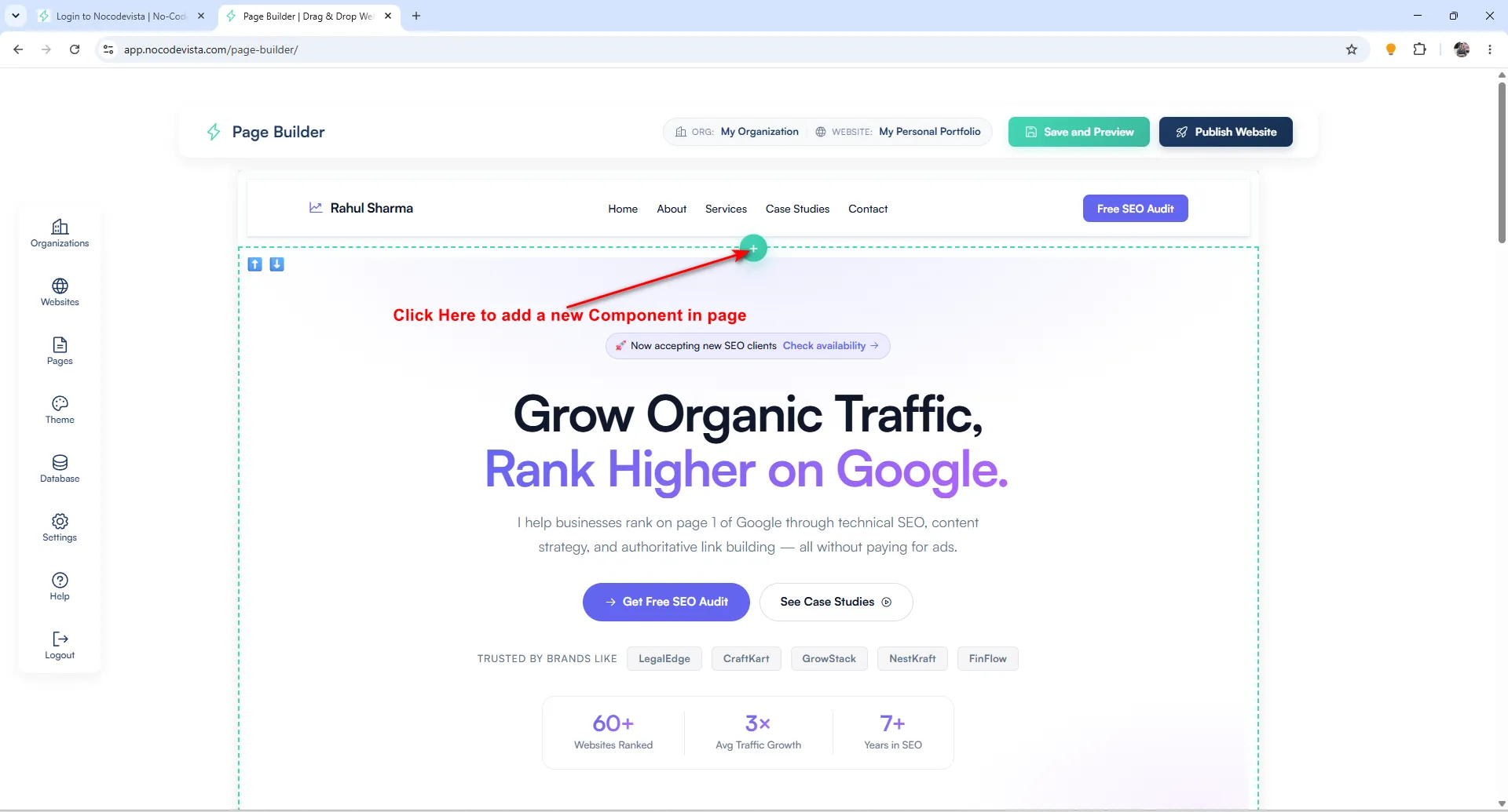 Add Component button in the page builder interface