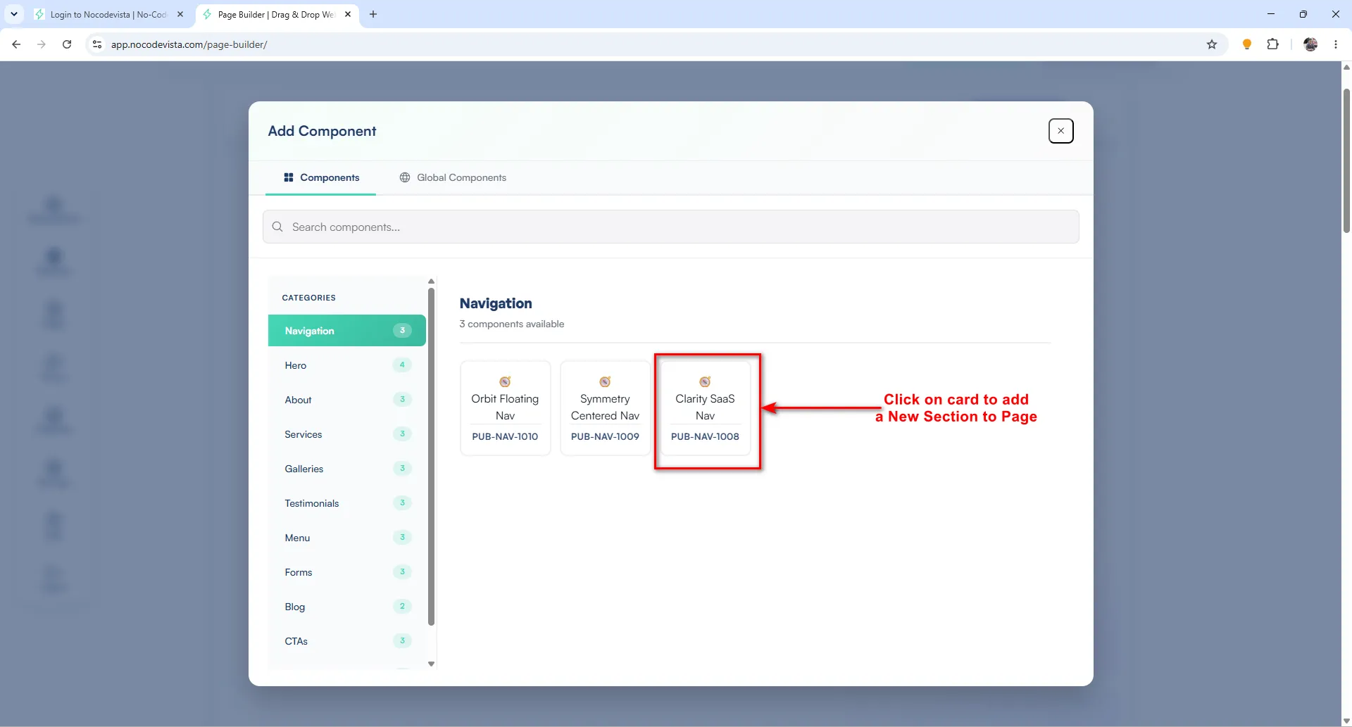 Component library modal showing available components to add to the page