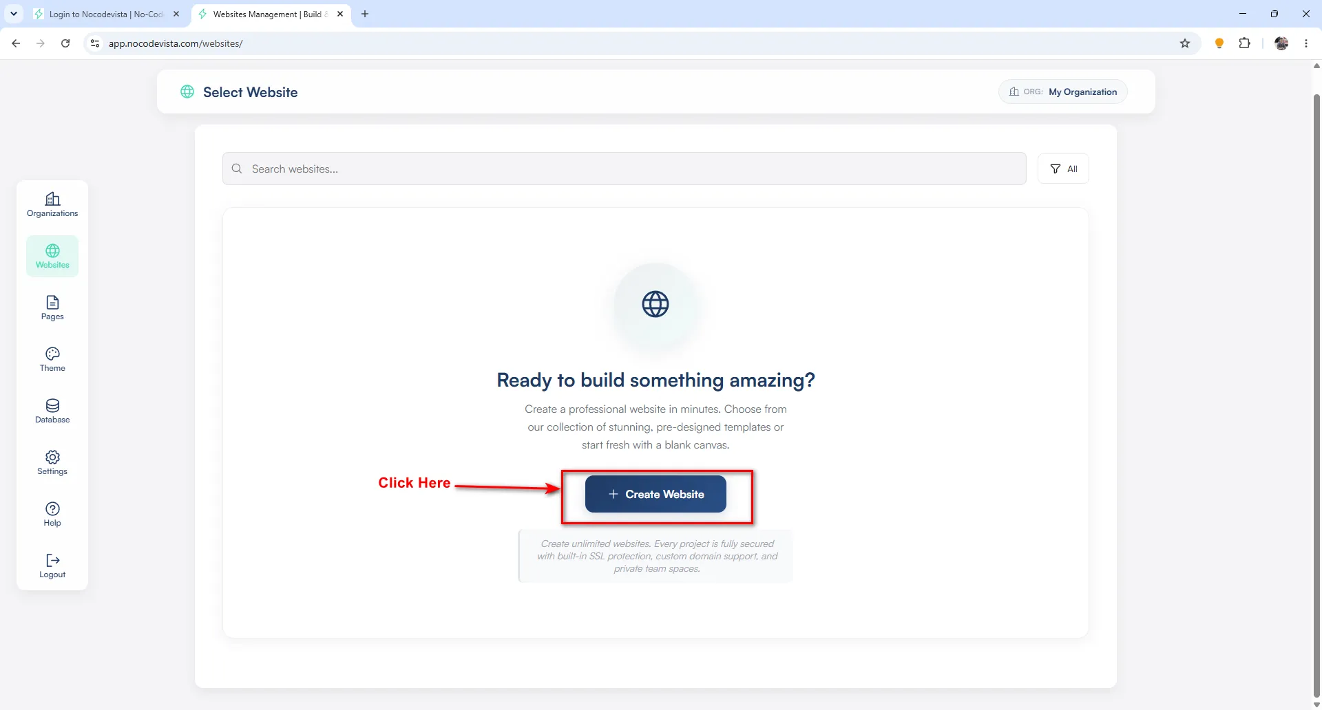 NoCodeVista Create Website screen showing the Ready to build something amazing message with a Create Website button