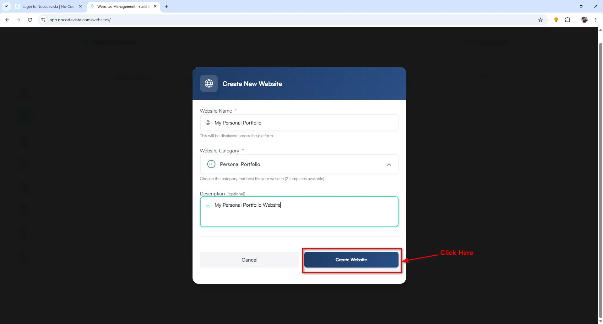 Create Website modal with fields for website name, category, and description