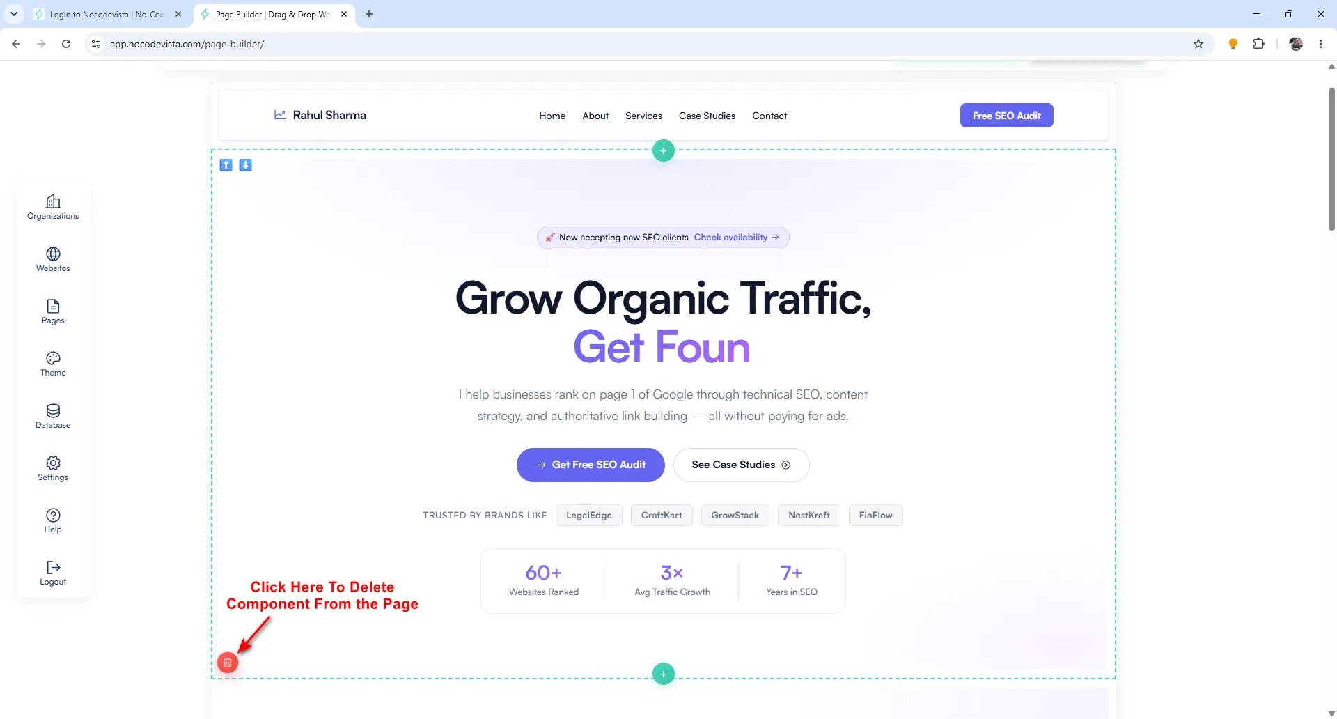 Delete option to remove a component from the page