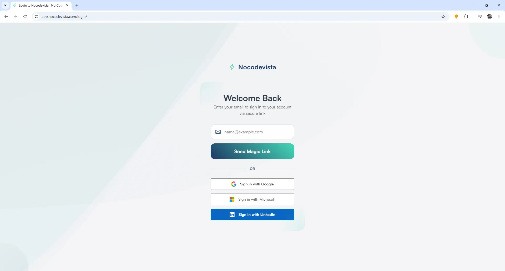 NoCodeVista login screen showing email field, Send Magic Link button, and social login options for Google, Microsoft, and LinkedIn