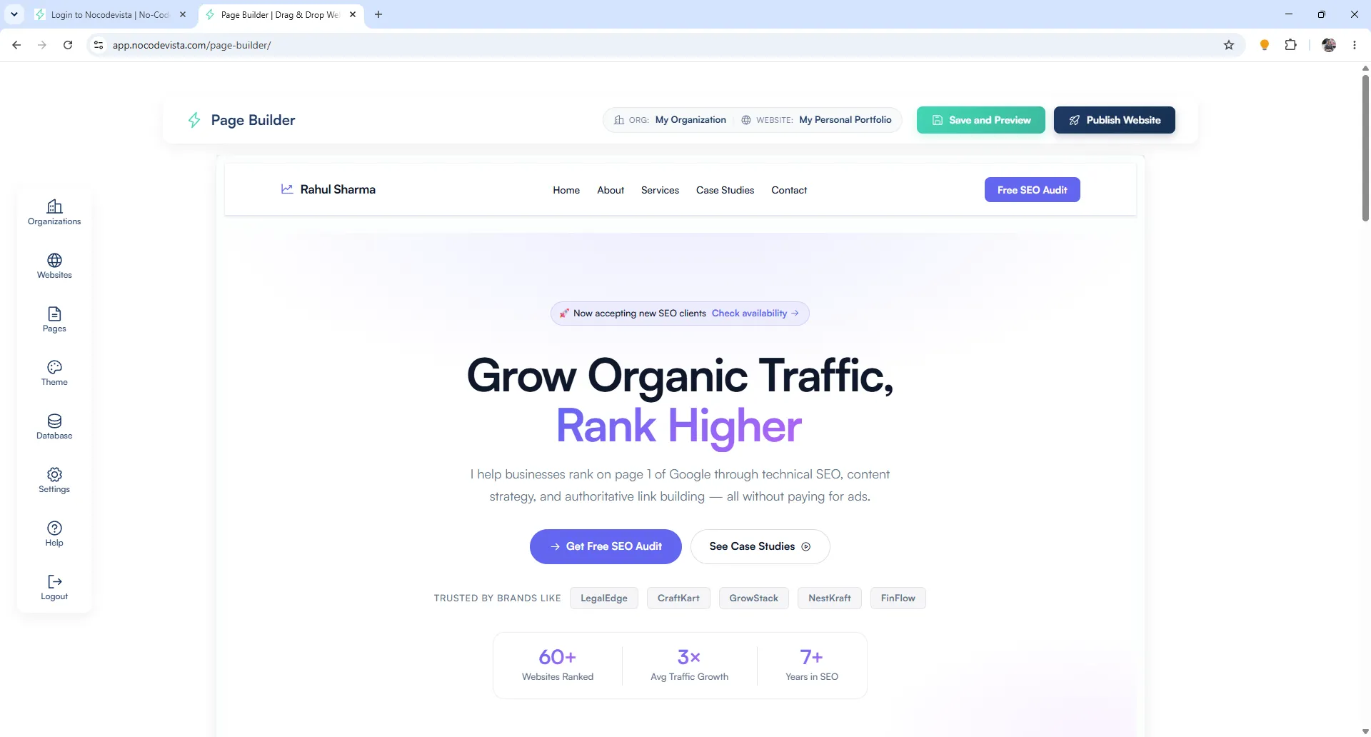 Page builder interface showing the home page of the newly created website with headline and editable sections
