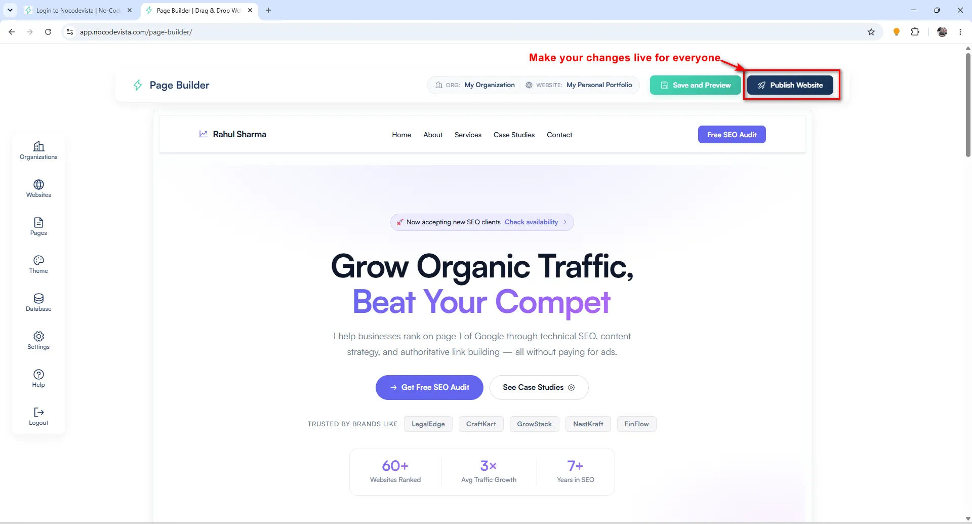 Publish button to make the website live