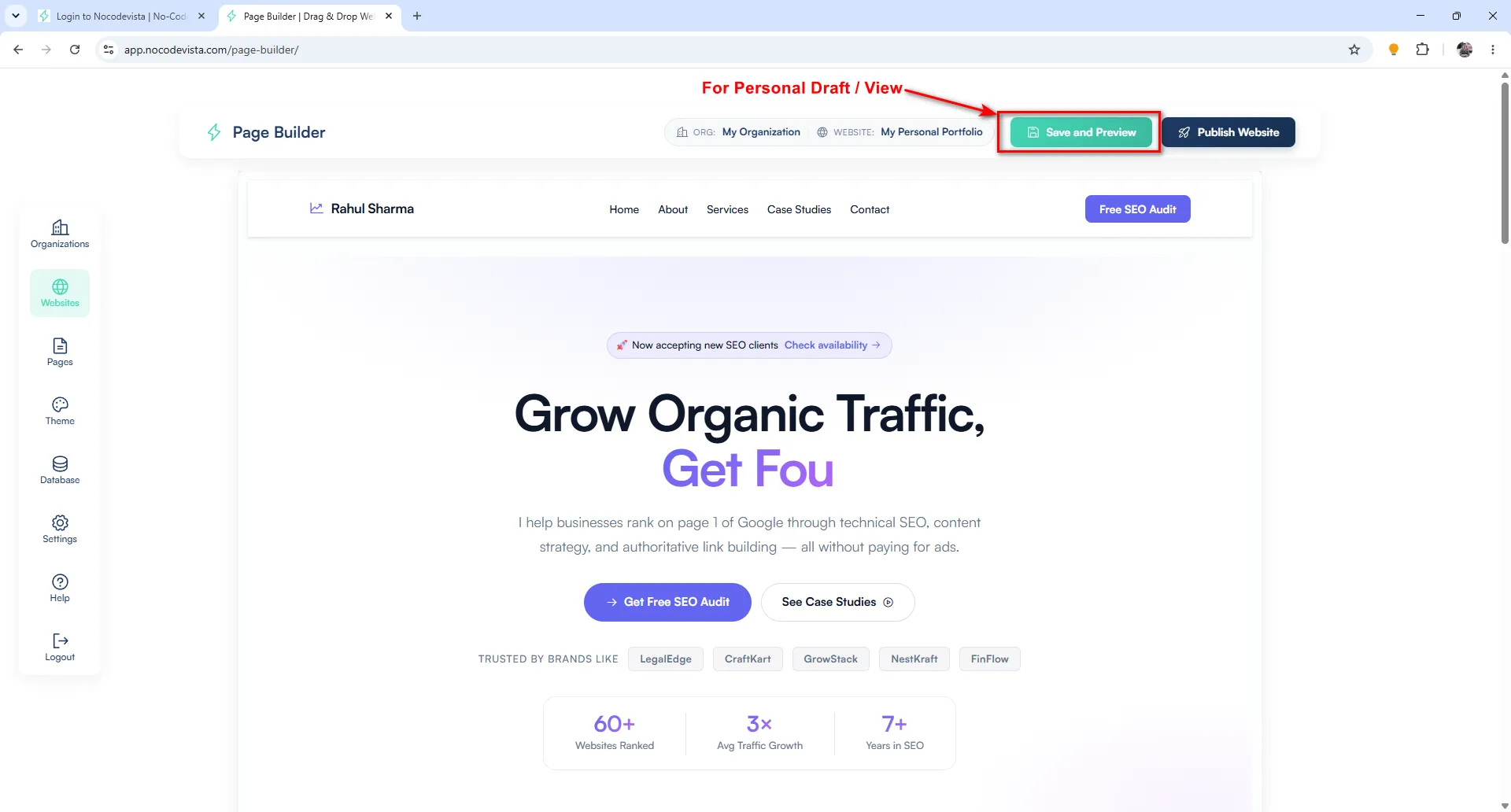 Save and Preview buttons in the page builder