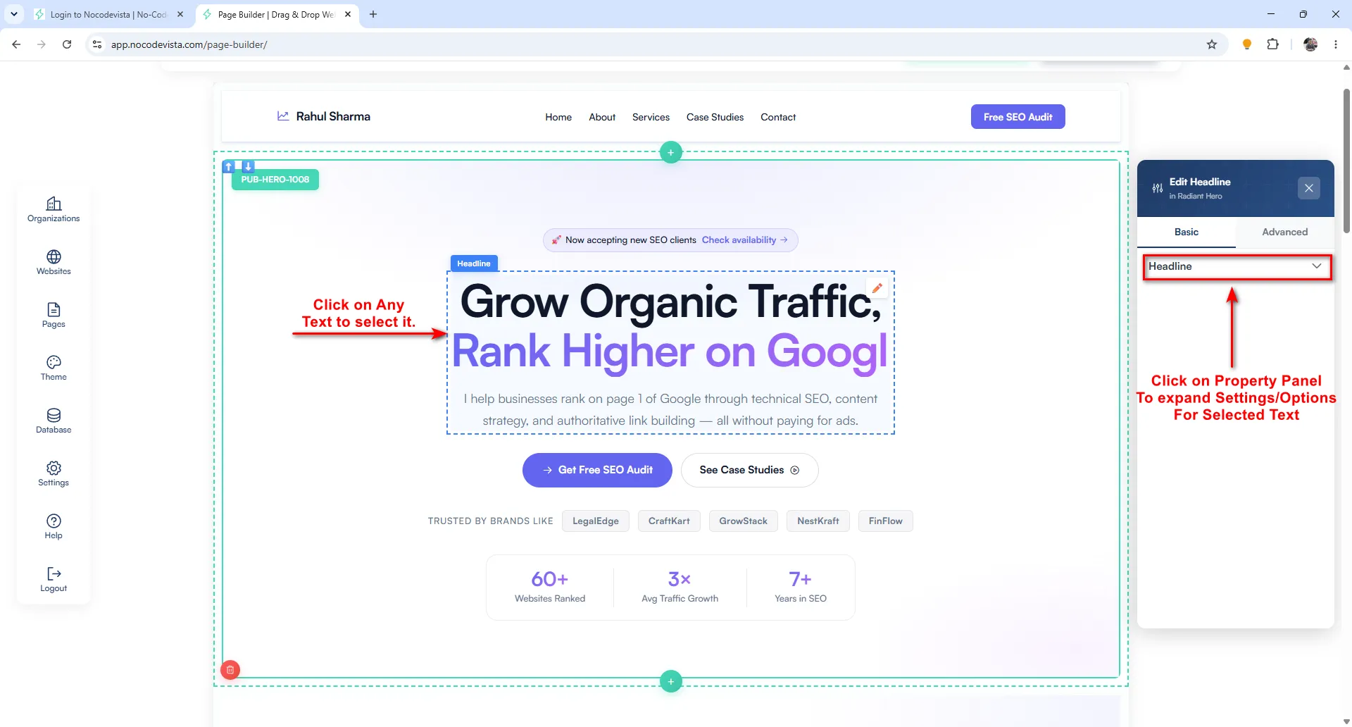Clicking on text to edit it directly in the page builder