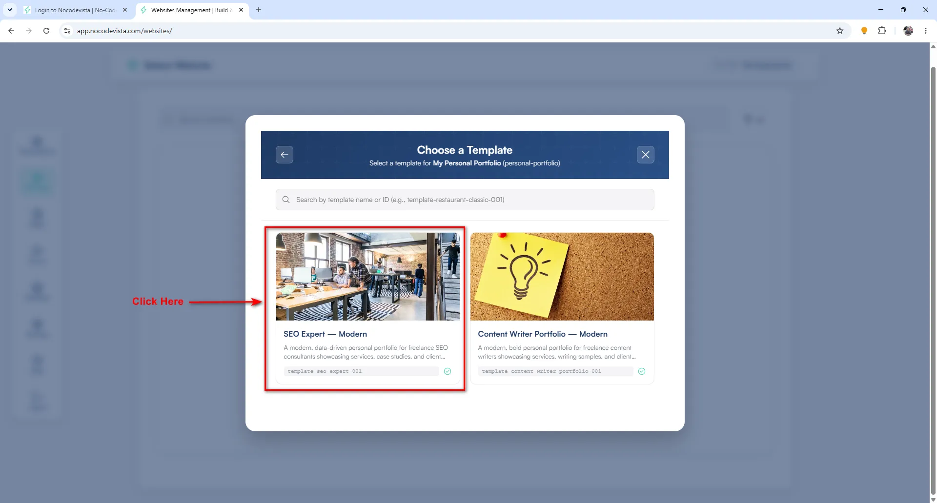 Template selection screen showing SEO Expert and Content Writer Portfolio templates