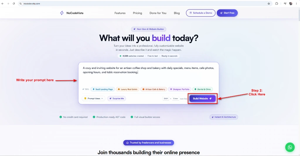 NoCodeVista AI Start Screen: Write your prompt and click Build Website