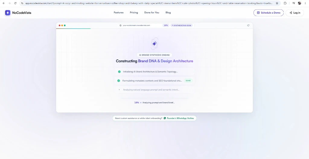 NoCodeVista AI Brand Synthesis Engine constructing Brand DNA and Design Architecture in real time