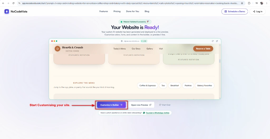NoCodeVista Your Website is Ready screen with live preview and Customize in Builder button