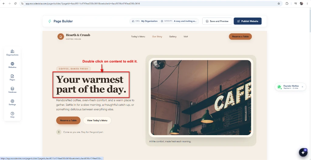 Double-click on content to edit text inline on the NoCodeVista canvas