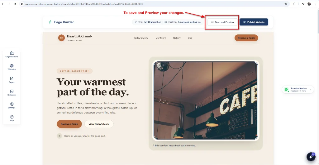 Click Save and Preview in the NoCodeVista Page Builder header toolbar